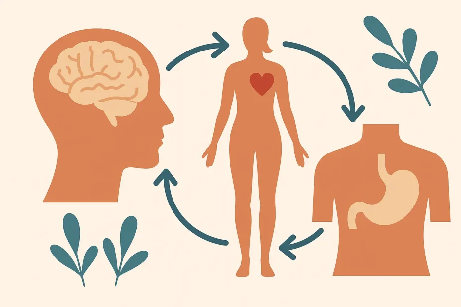 llustration zur Psychosomatik: Verbindung von Gehirn, Herz, und Körper symbolisiert die Einheit von Körper und Seele. Dr. Julia Belke arbeitet mit der Integration aggressiver Impulse und der Auflösung von Retroflektionen in der gestalttherapeutischen Praxis.