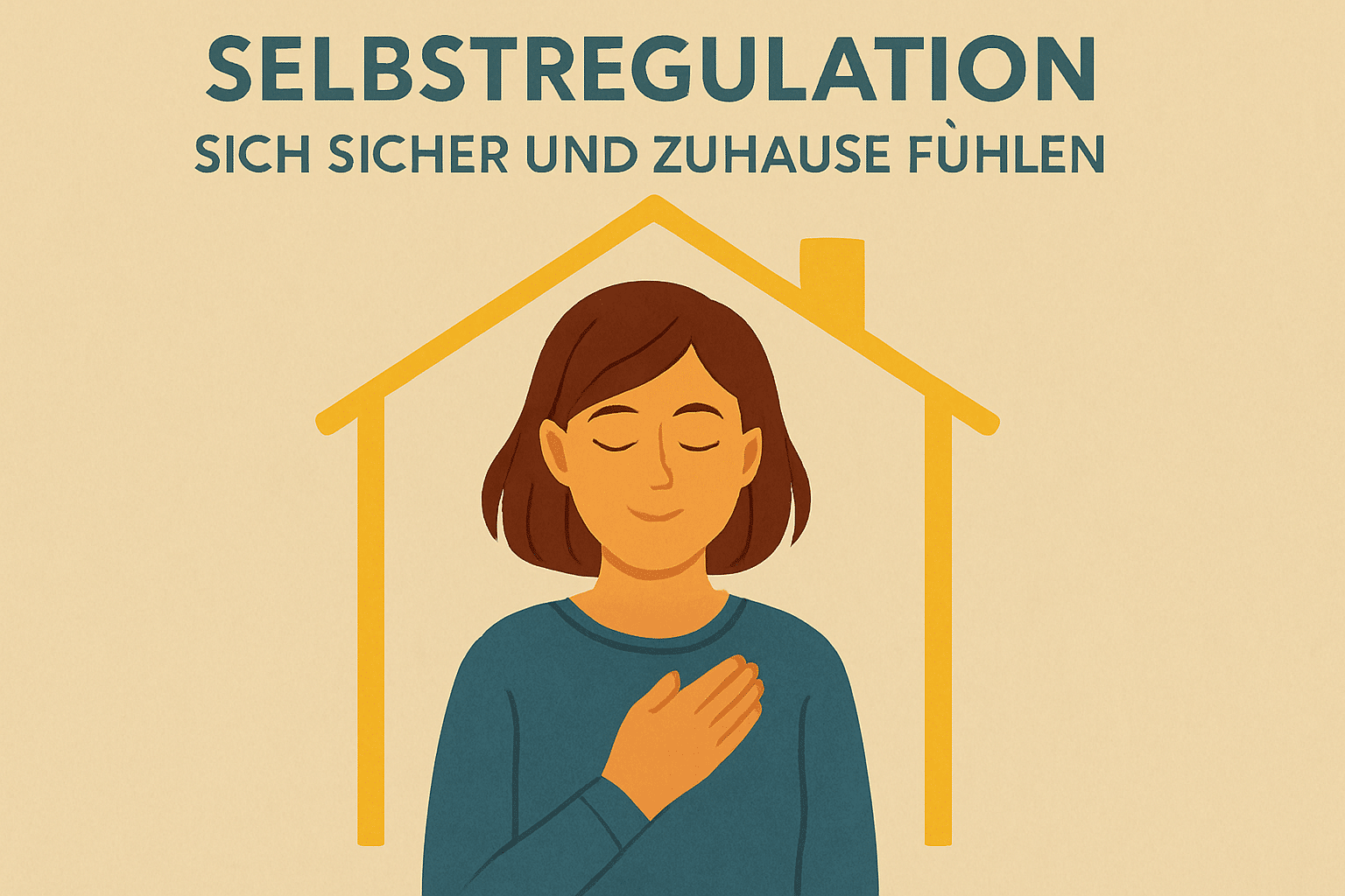 Illustration einer entspannten Frau in einem blauen Pullover, die die Hand sanft auf ihr Herz legt. Sie steht inmitten einer gelben Haus-Silhouette, die Sicherheit und Geborgenheit symbolisiert. Darüber steht in dunklem Blau der Text „SELBSTREGULATION – SICH SICHER UND ZUHAUSE FÜHLEN"