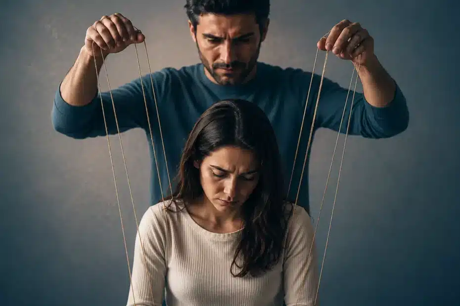 Frau mit gesenktem Blick, die wie eine Marionette von einem Mann mit Fäden kontrolliert wird – Symbolbild für emotionale Manipulation, Abhängigkeit und toxische Beziehungsmuster.