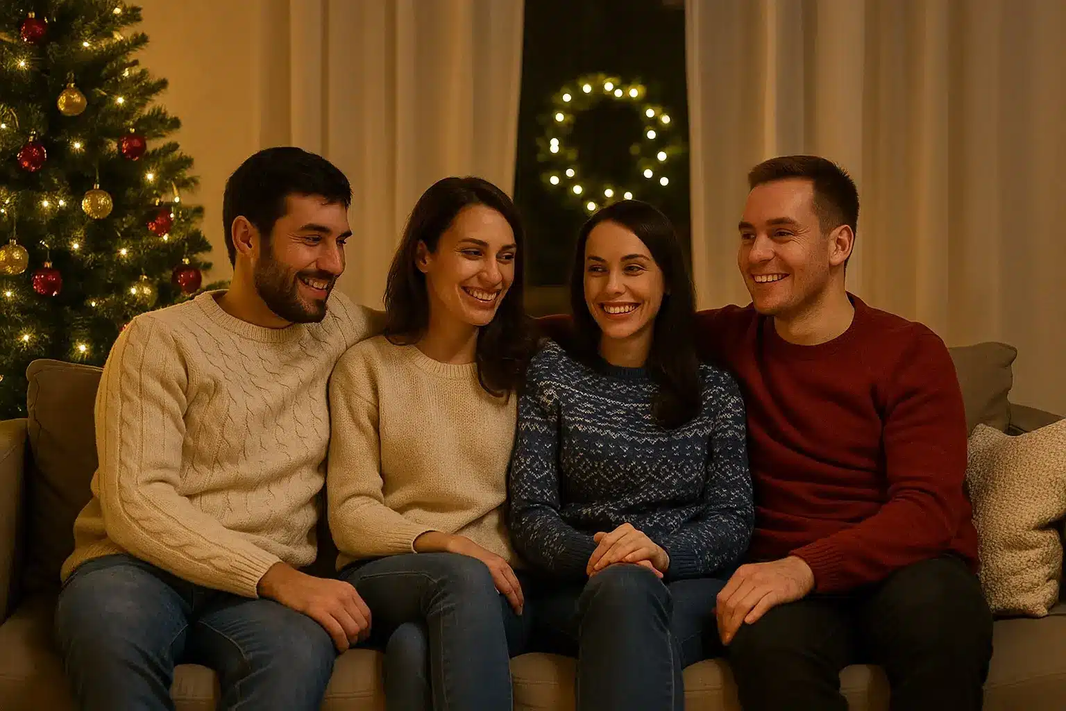Vier Freunde sitzen gemütlich auf der Couch am Weihnachtsbaum und erleben Gemeinschaft in der Adventszeit.