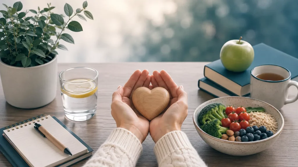 gesundheitskompetenz-selbstfuersorge-julia-belke. Hände halten ein Holzherz neben gesunder Ernährung, Wasser und Büchern als Symbol für Gesundheitskompetenz, Selbstfürsorge und psychisches Wohlbefinden