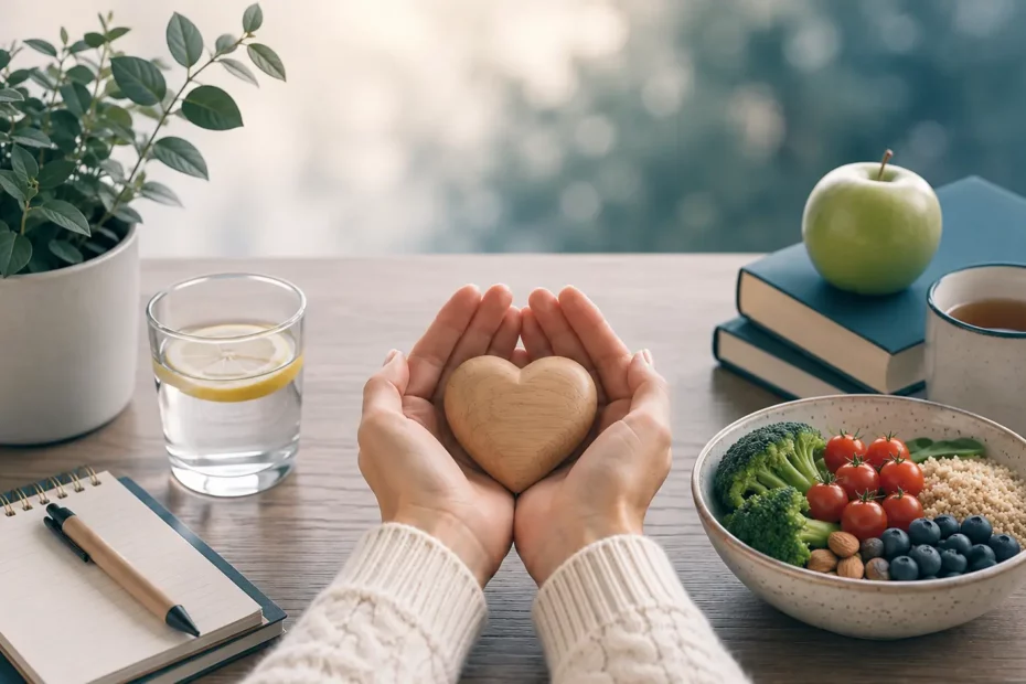 Hände halten ein Holzherz neben gesunder Ernährung, Wasser und Büchern als Symbol für Gesundheitskompetenz, Selbstfürsorge und psychisches Wohlbefinden