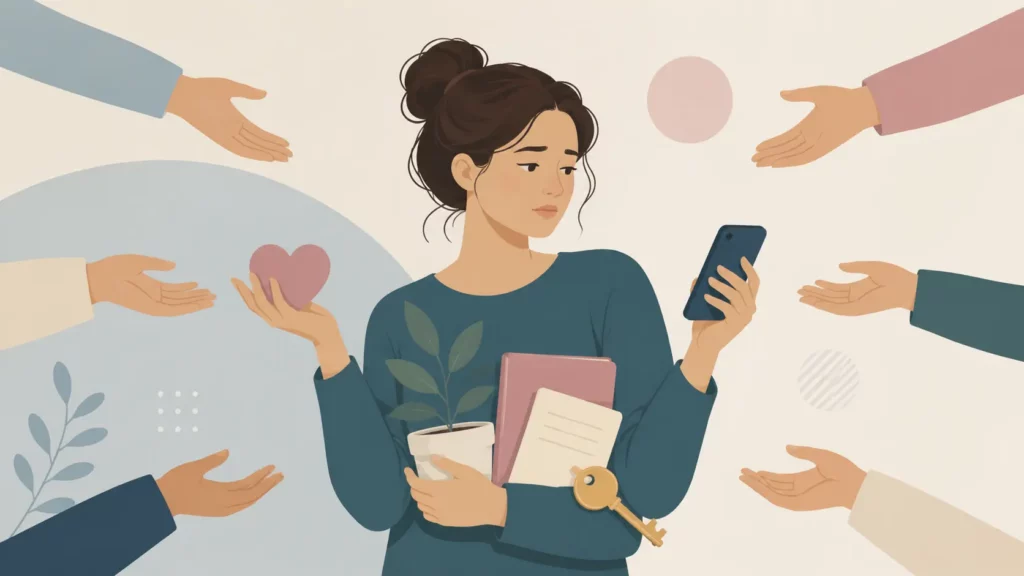 uebersteigertes-verantwortungsgefuehl-julia-belke Das Bild symbolisiert ein übersteigertes Verantwortungsgefühl. Eine Frau trägt gleichzeitig verschiedene Aufgaben und emotionale Verpflichtungen, während von allen Seiten weitere Erwartungen an sie herangetragen werden. Es steht für Überforderung, fehlende Abgrenzung und die Schwierigkeit, Verantwortung bei anderen zu lassen.