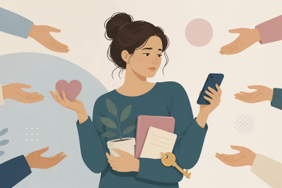 Das Bild symbolisiert ein übersteigertes Verantwortungsgefühl. Eine Frau trägt gleichzeitig verschiedene Aufgaben und emotionale Verpflichtungen, während von allen Seiten weitere Erwartungen an sie herangetragen werden. Es steht für Überforderung, fehlende Abgrenzung und die Schwierigkeit, Verantwortung bei anderen zu lassen.